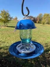 Hanging Mason Jar Bird Feeder Homemade with recycled glassware, stoneware #1193