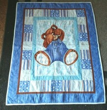 Teddy Bear Quilt Crib Comforter Baby Blanket Lap Blue Handmade USA Nice 