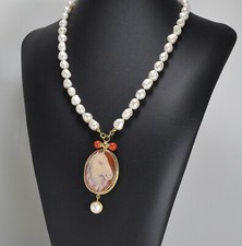 COLLANA ARGENTO DORATO PERLE BAROCCHE CAMMEO CORNEOLA CAVALLO CORALLO AGLN 0188-