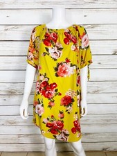 Derek Heart Plus Womens Dress Sz 2X Yellow Floral Stretch Short Sleeve Pullover