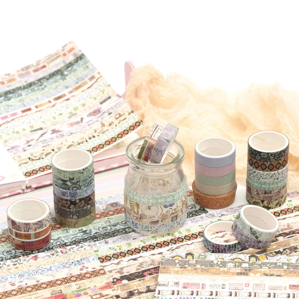 Paquete de 50 rollos de cinta adhesiva impresa retro vintage Washi Tape patrones antiguos Foto 4 de 4