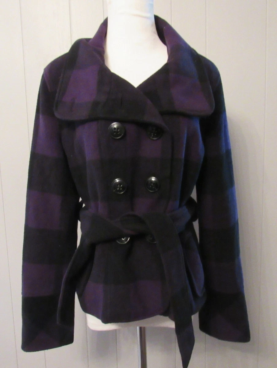 GUESS Women L Buffalo Plaid Pea Coat Purple Black Wool Blend Short Belted