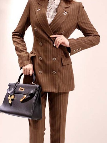 Tailleur elegante ufficio completo donna marrone gessato giacca pantalone  4887 | eBay