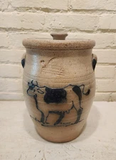 Vtg Rowe Pottery Extra Large 1983 Salt Glazed Cow Crock with Ears and Lid 11.75"