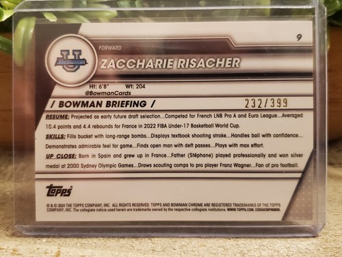 2023-24 Bowman Chrome U Zaccharie Risacher Purple Refractor RC #/399 *NEW* - Picture 2 of 2