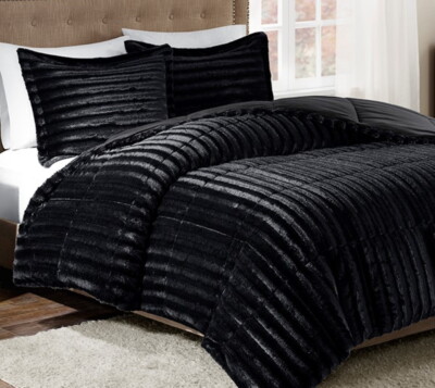 ULTRA PLUSH BLACK FAUX FUR 3pc COMFORTER SET : LUXURY SOFT MINK SHAG BEAR HUG