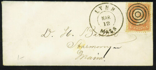 US 1860's Lynn, Massachusetts. Déguisement Bulls Eye Cancel Housse To Maine - Bild 1 von 1