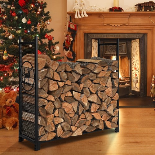 Firewood Rack Stand Heavy-Duty Log Rack Holder Mesh Sides Fireplace Wood Storage - Picture 9 of 11