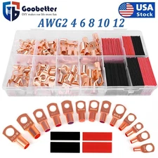 AWG2 4 6 8 10 Gauge Copper Lugs + Heat Shrink End Ring Terminals Wire Connectors