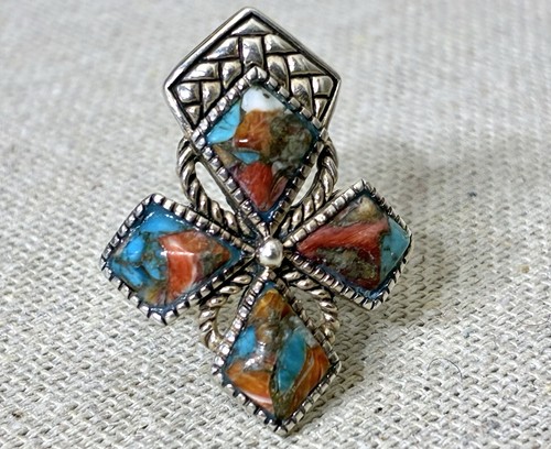 BBJ JTV Turquoise, Spiny Oyster, & Sterling Silver Cross Ring Sz 7