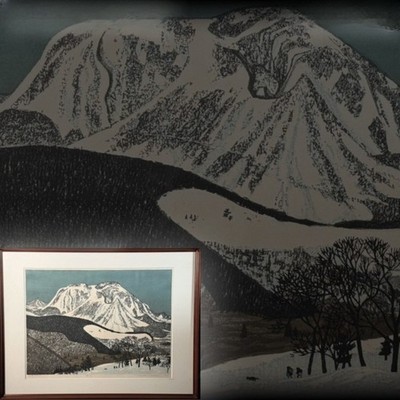 Fumio Kitaoka Snowy Mountains Holzschnitt signiert 1975 japanische Kunst
