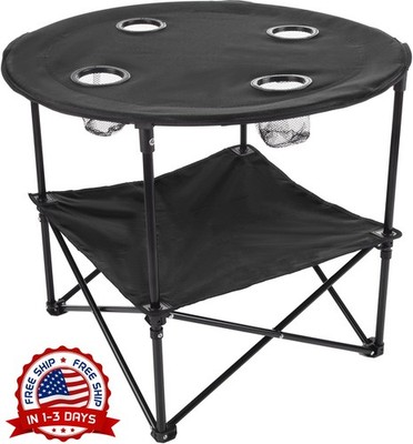 Mesa de camping plegable de 2 niveles con 4 portavasos y bolsa de transporte NEW