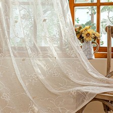 AmHoo 2 Panels Linen Floral Leaf Embroidered 52"W x 84"L Pack of 2 , Beige