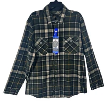 Freedom Foundry Fleece Shirt Mens L Plaid Green & Beige Long Sleeve