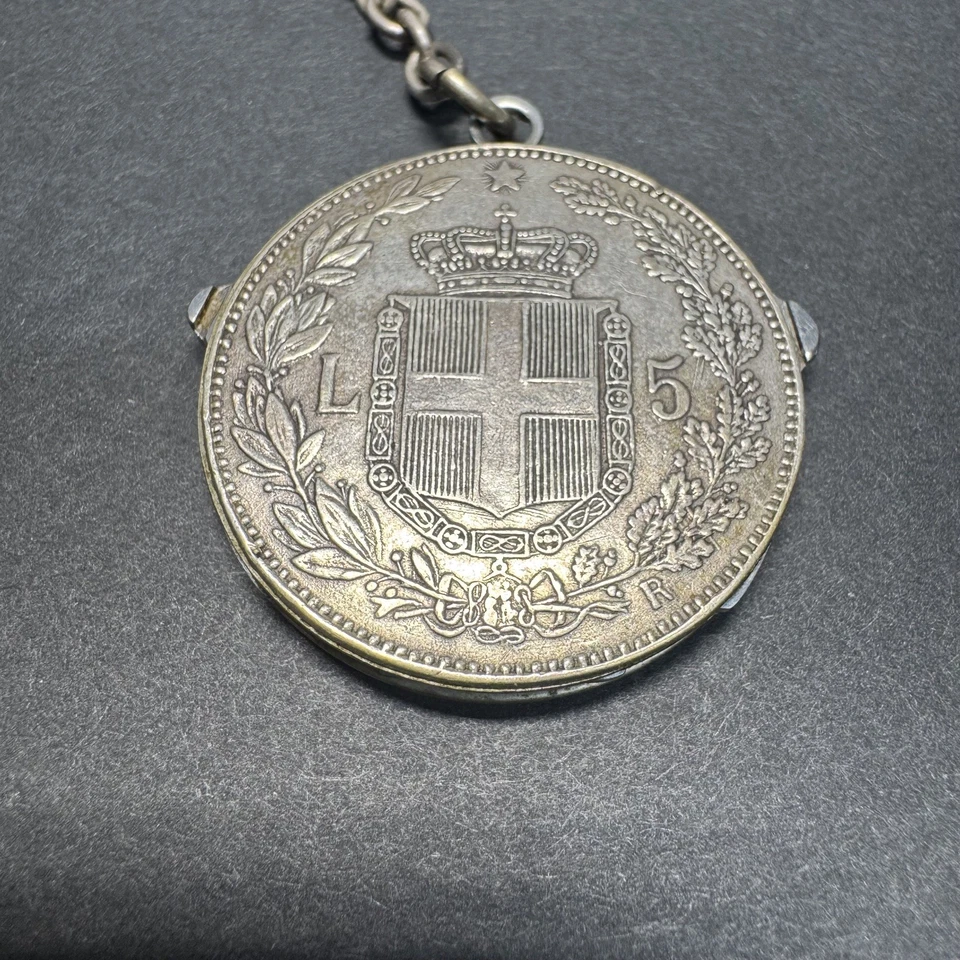 Cuchillo de bolsillo CEM Maniago plata 1879 Italia rey Umberto moneda de 5 liras con estuche de colección  Foto 4 de 4
