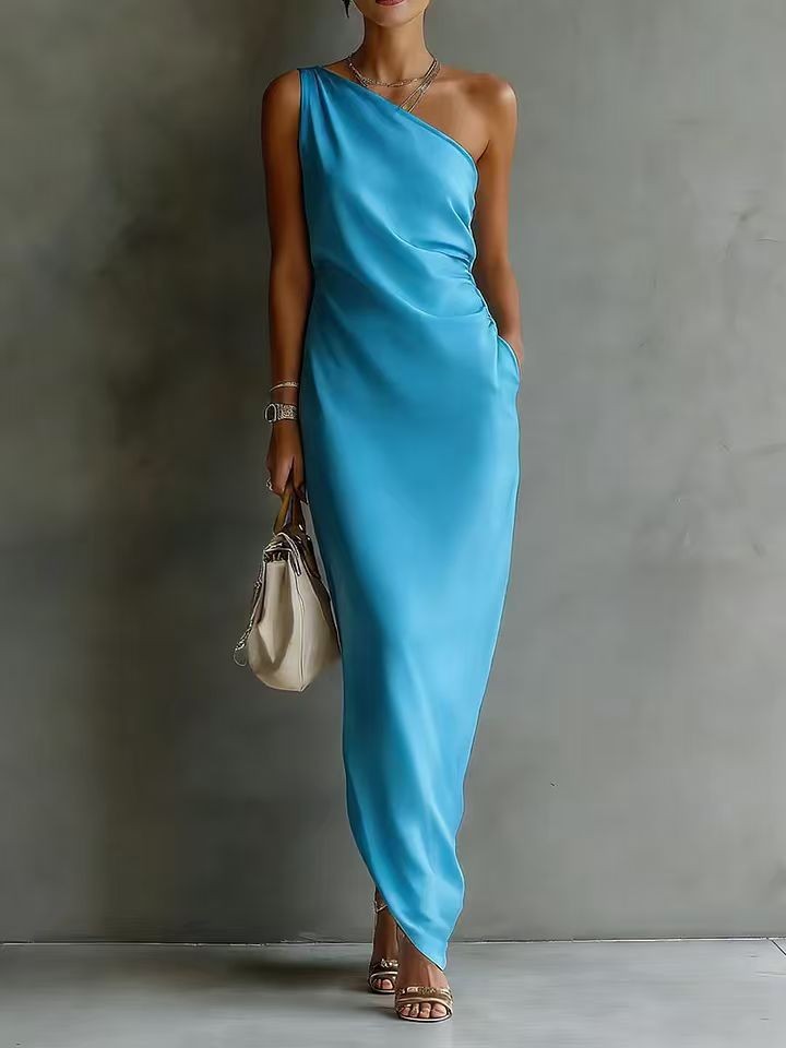 satin maxi bodycon dress One Shoulder Satin Bodycon Maxi Dress, Yellow / XS
