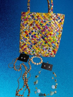 Multicolor Handmade Woven Handbag + Fashion Jewelry Lot