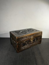 Vintage Hand Carved Wood Box with Brass Latch Scenic Design 12 Wide