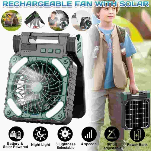 Portable 8000mAh Battery & Solar Panle Camping Fan Rechargeable with LED Light - Picture 2 of 13