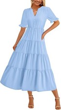 Summer Midi Dress V-Neck Short Sleeve Tiered Flowy Beach Dress with Pockets