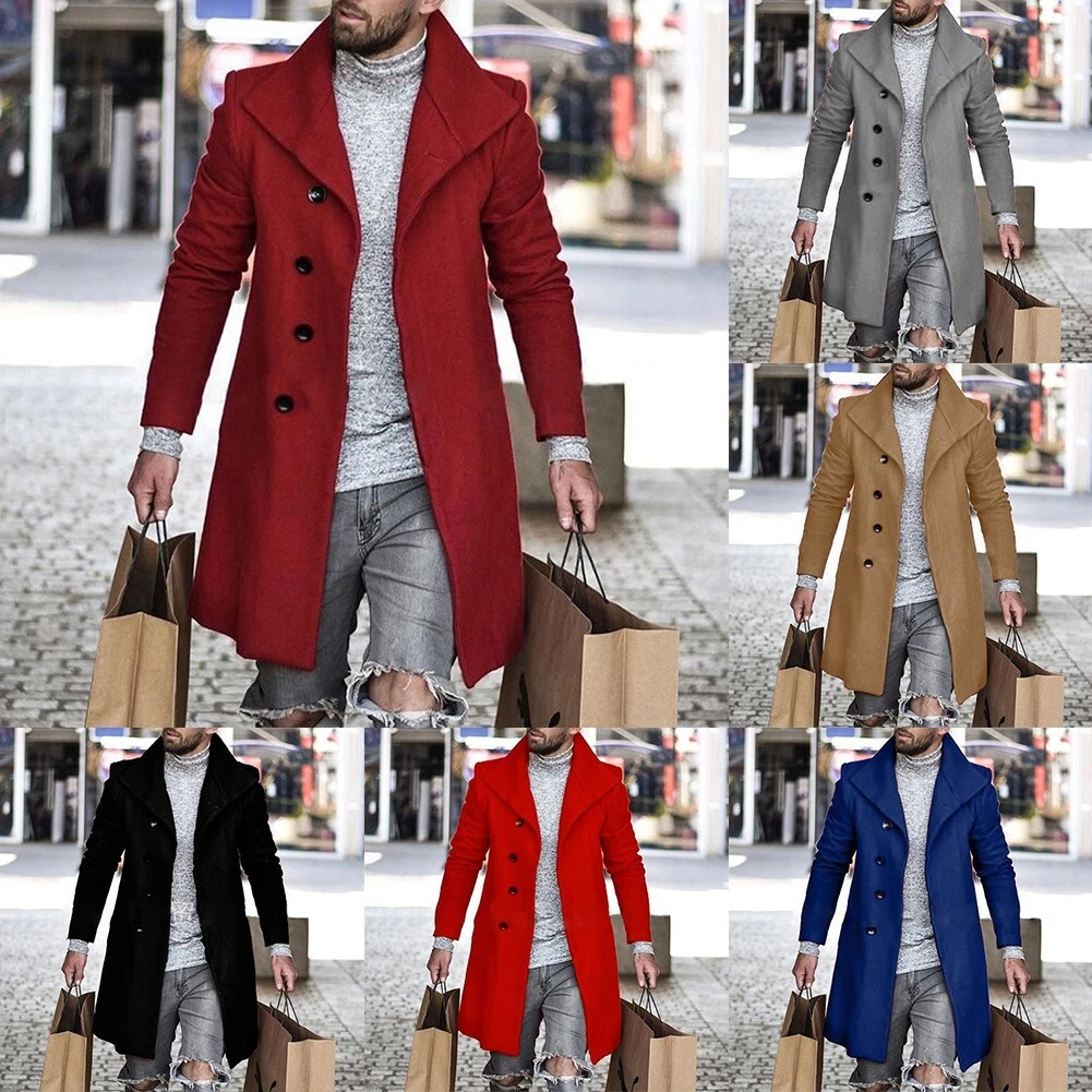 Veste manteau homme moderne couleur unie laine grand manteau hiver longueur  moye