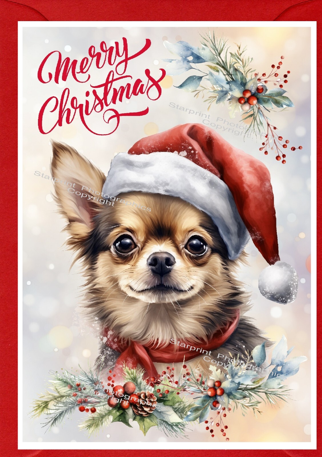Chihuahua Dog Christmas Card A6 (4" x 6") (Blank inside) Design by ...