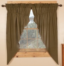 Tea Cabin Lined Green Country Plaid Drawstring Cotton Prairie Curtain Set 63" L