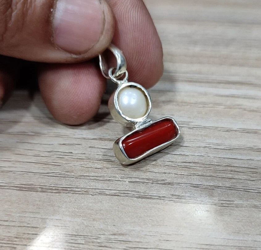 Pingente de coral vermelho genuíno pingente de pérola de água doce prata astrologia pedra de nascimento - Imagem 4 de 4