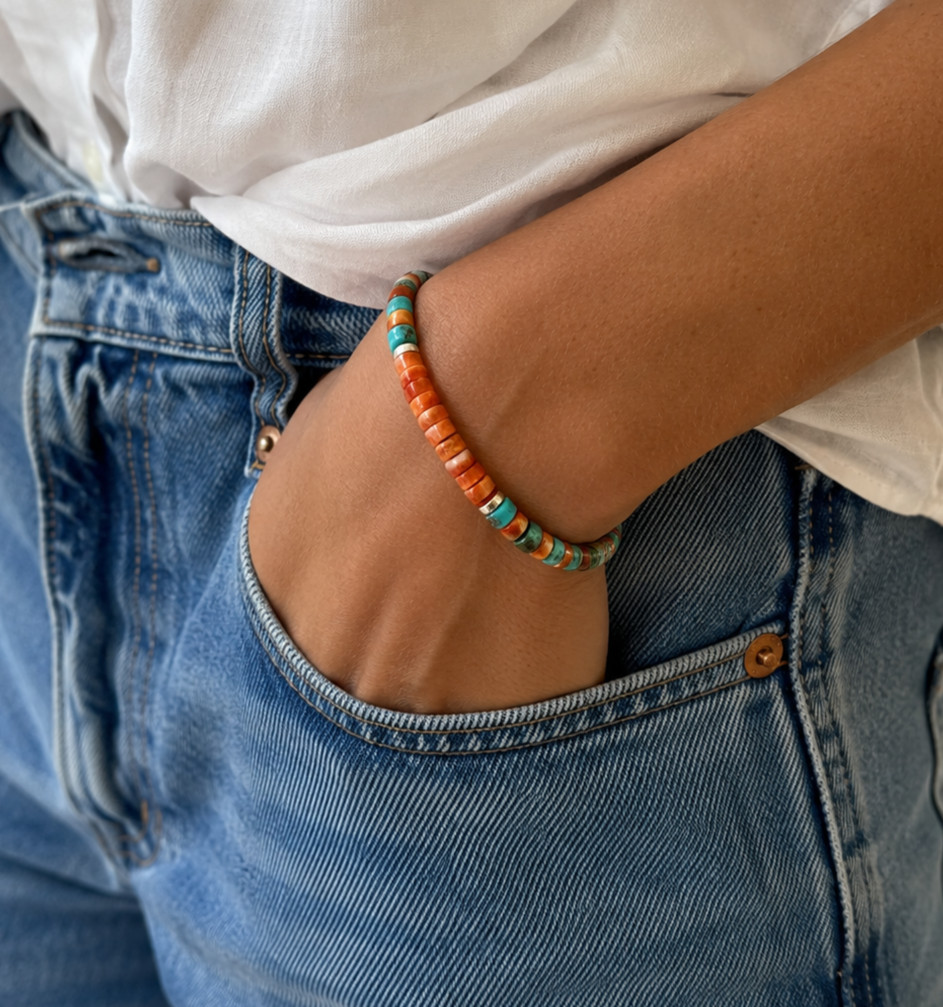 Pulsera de piedras preciosas Sunset de 4mm de piedra preciosa azul Arizona turquesa y naranja espinosa de ostra