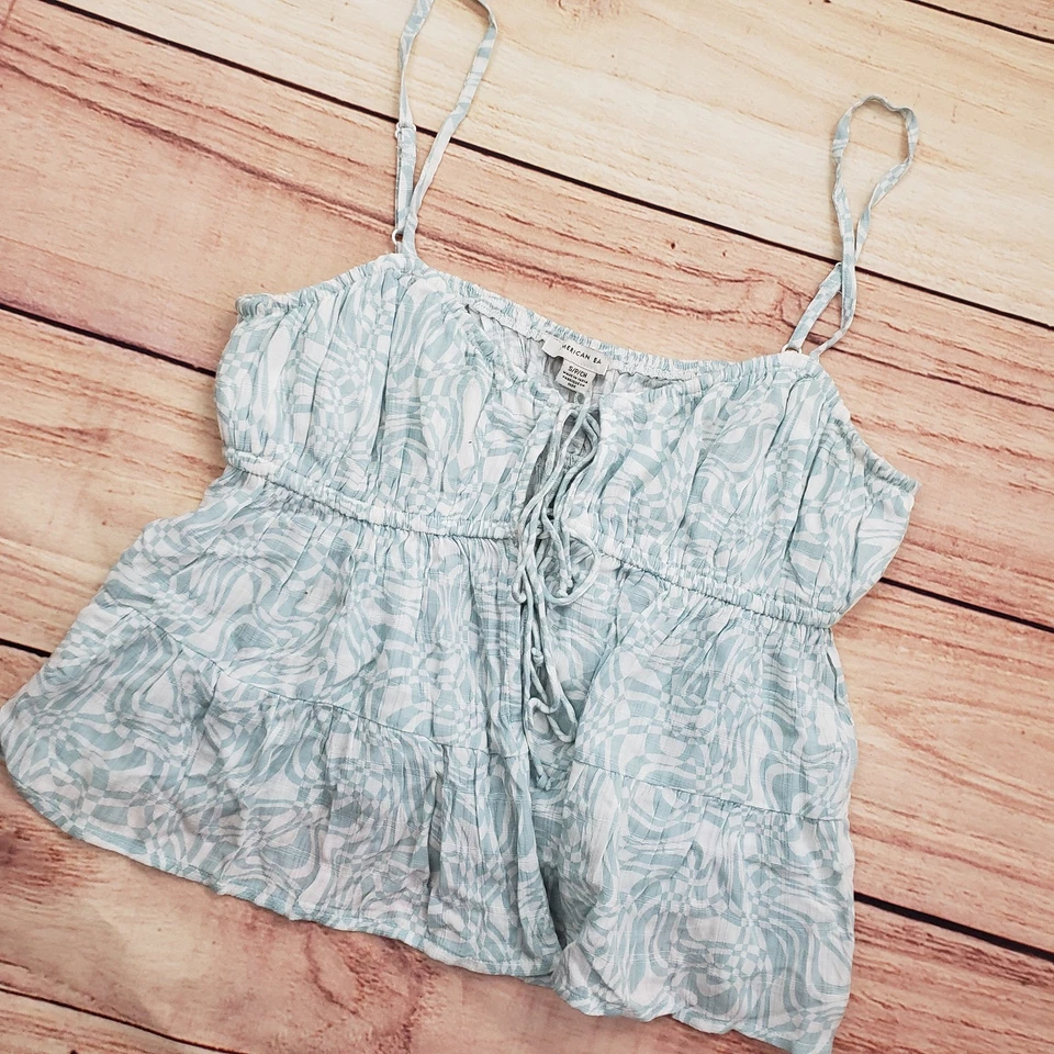 American Eagle Tank Top Womens Small Blue White Cropped Viscose Lace Up Boho - Image 2 of 4