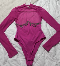 Women s Pink Mesh Long Sleeve Dance Leotard Bodysuit with Rhinestone Trim