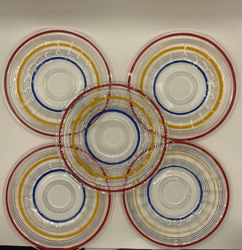 Set of 5 Anchor Hocking Muliti-Colored Banded Rings Vintage 6.25”  Glass Plates