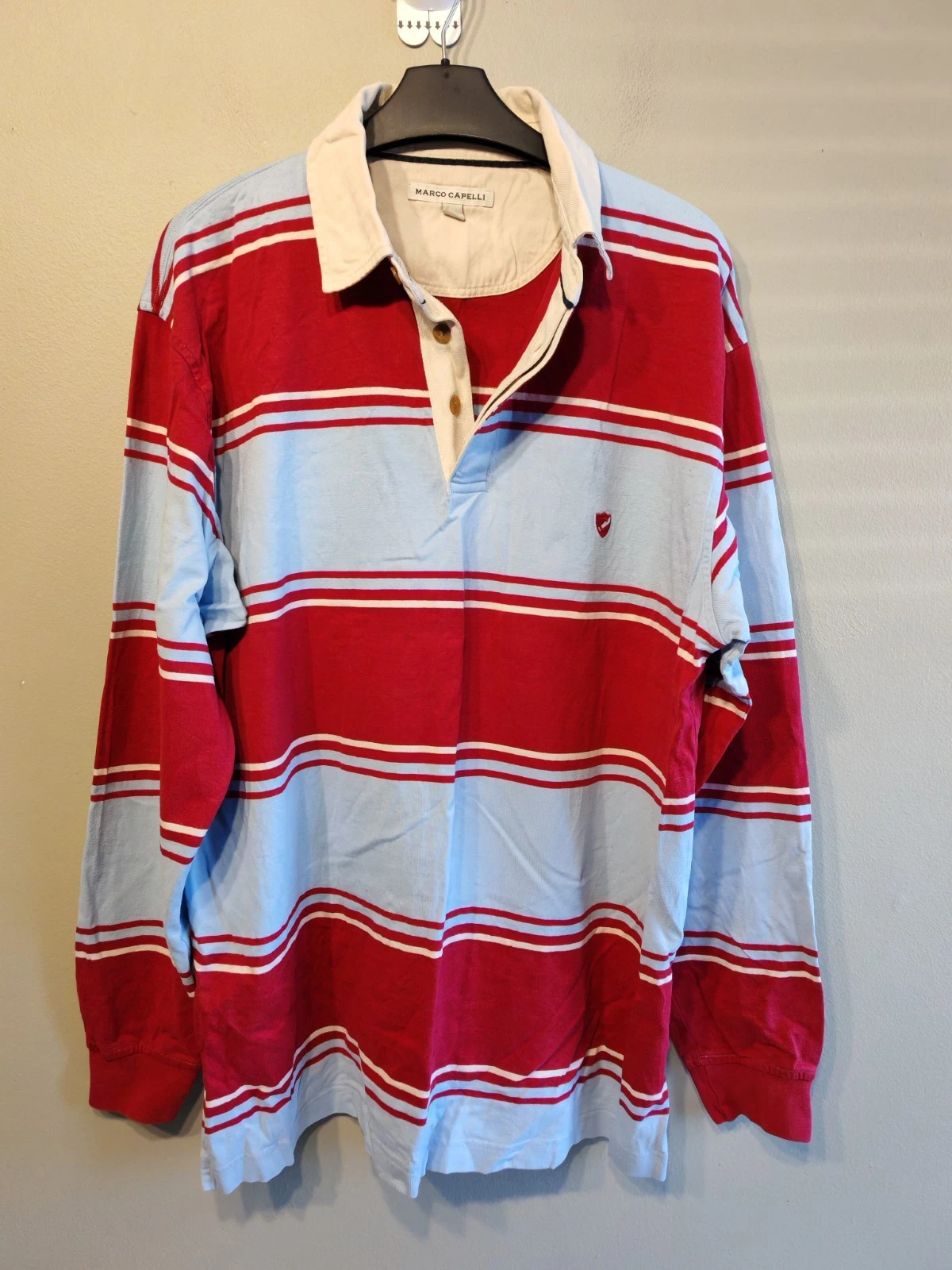 Marco Capelli Mens Rugby Shirt Large Red Blue Stripe Long Sleeve Cotton Top Polo