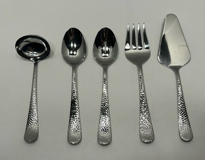 Hampton Silversmiths Stainless 5 Pc Serving Set Hammered Steel Ladle Spoon Fork