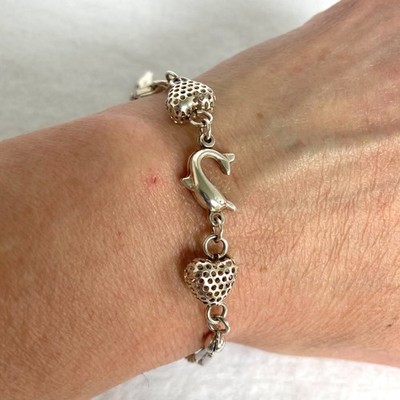 Sterlingsilber 925 Delfin hohles Herz lange kurze Kette Gliederarmband Größe 7,5''