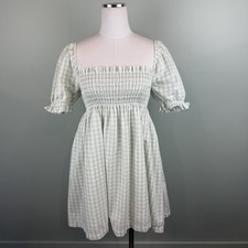 Abercrombie & Fitch Sage Green Gingham Puff Sleeve Smocked Babydoll Dress size M