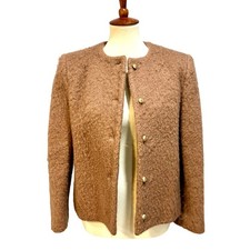 Brown Gold Button Boucl  Jacket Collarless Blazer Wool Blend Cozy Chic, Size 10