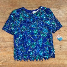 Vintage Sequins  Beads Blouse Silk Lined Top Special Occasion Size Large
