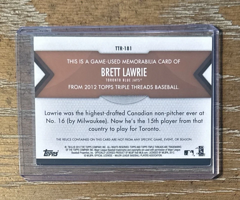 Tarjeta usada del juego de novato Brett Lawrie/27 Topps Triple Threads 2012 Blue Jays Foto 2 de 2