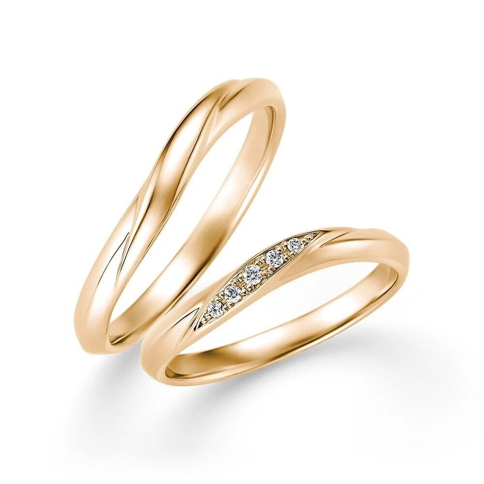 Banda de compromiso pareja 0,08 quilates corte redondo diamante natural sólido oro amarillo de 14 k Foto 3 de 4