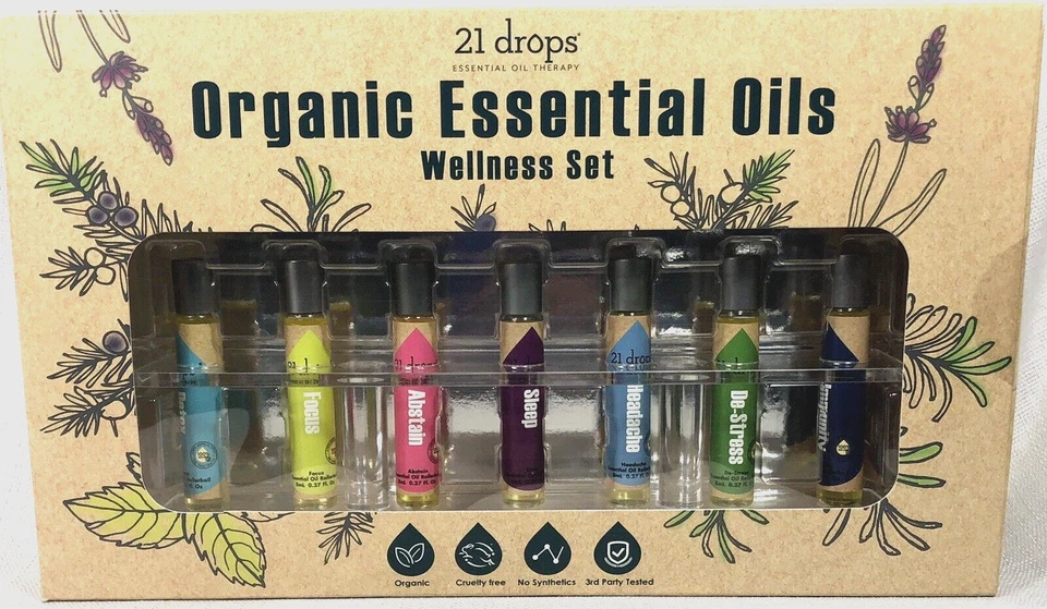 Juego de 7 piezas 21 gotas de terapia de aceite esencial bienestar orgánico con soporte enrollable orgánico - Imagen 1 de 3