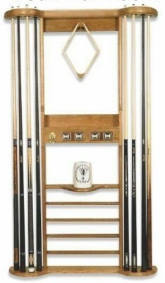8 CUE WALL RACK with SCORERS for POOL TABLE / BILLIARD CUES / CUE STICKS in OAK