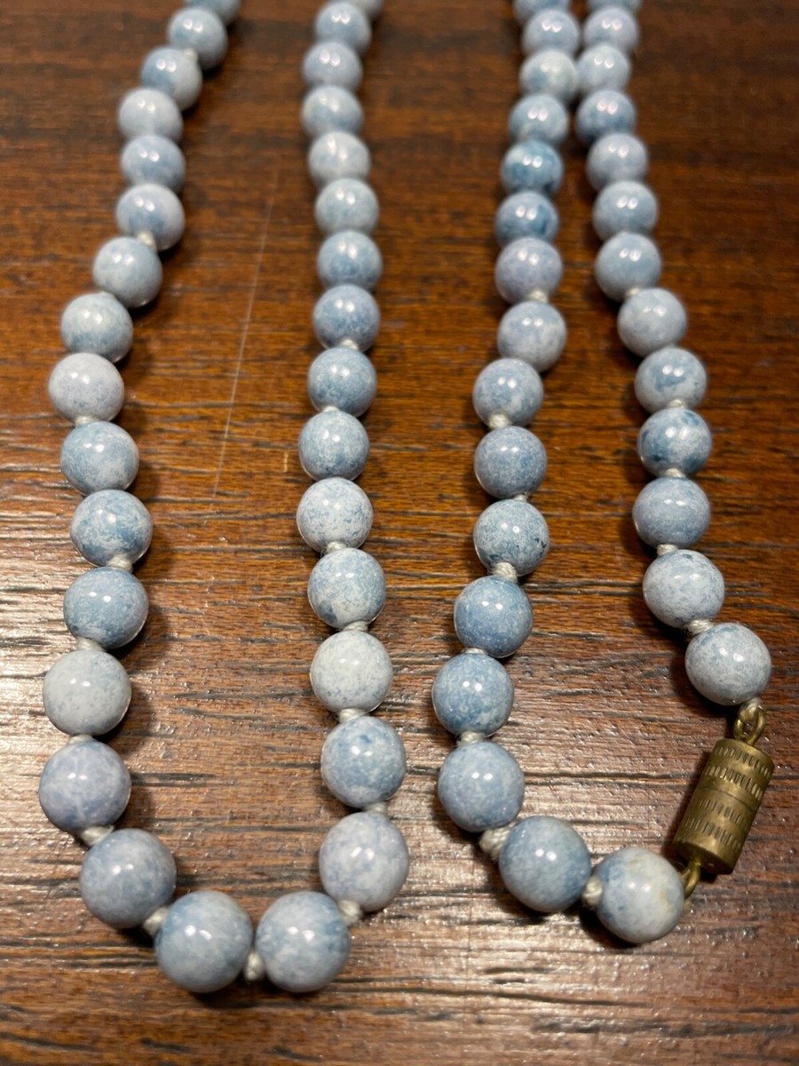 Collier Vintage Long En Perles De Pierre Bleue - Bijou Ancien Occasion 56-60 Cm