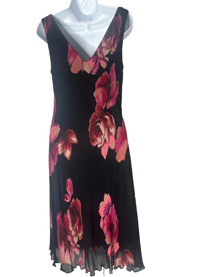 Vestido sin Mangas De Colección Azul Eva Y2K Negro Rosa Floral Con Cuentas Coqueta Volantes Corte Sesgado M Foto 2 de 4