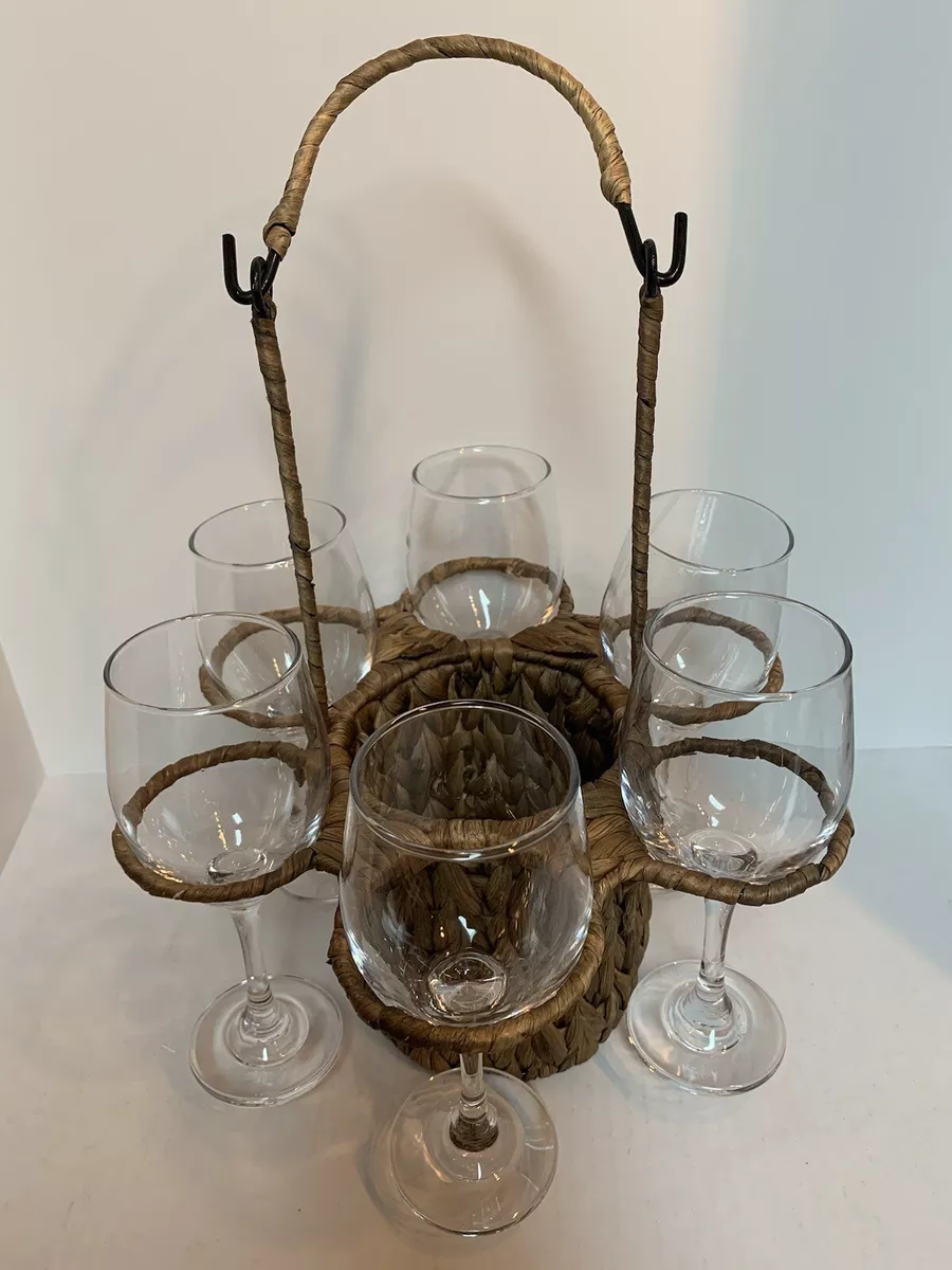 Wicker Woven Rattan Wine And Glass Holder Caddy Carrier With 6