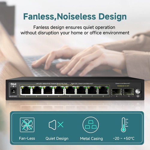 10 Ports Gigabit Ethernet Switch with 8*PoE+ Ports 2*SFP Slots Metal Case 125W - Picture 7 of 9