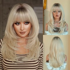 24in Long Layered Wig with Bangs Heat Resistant Synthetic Natural Full Party Wig
