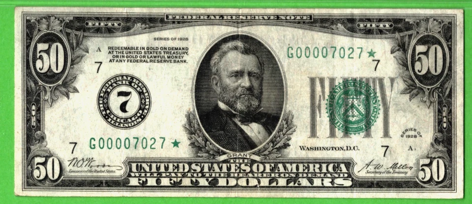 1928💲50 FED RESERVE CHICAGO 🌟NUMERICAL 7 STAR NOTE 🌟 PMG 30 - Image 3 of 4