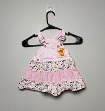 Vintage Winnie The Pooh Girls Overall Dress 24M Pink Floral Embroidered Disney