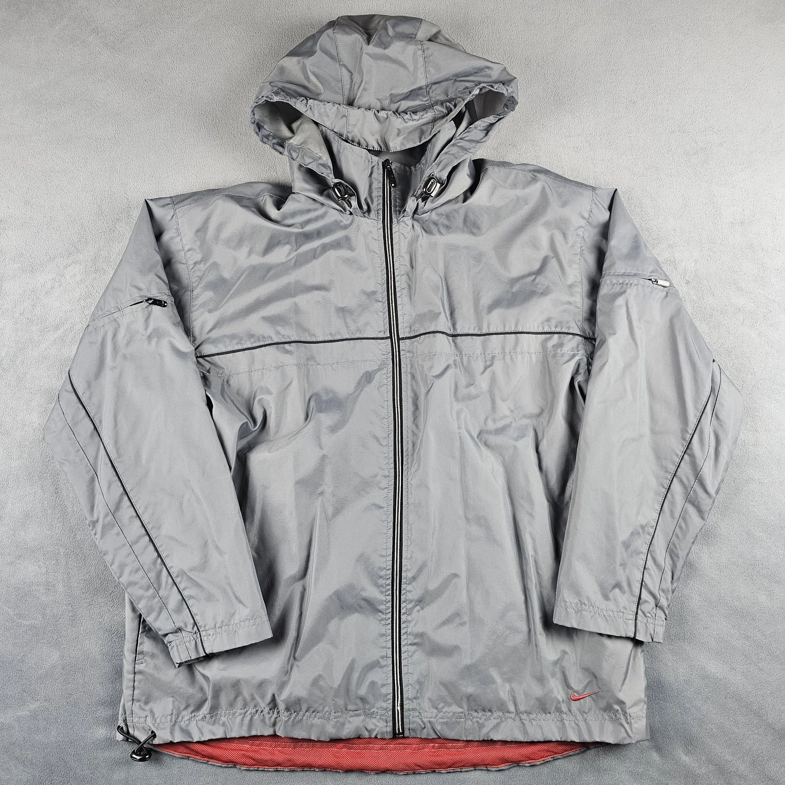 Nike Jacket Mens Large Gray Hooded Full Zip Windbreaker Red Mesh Lining 90s